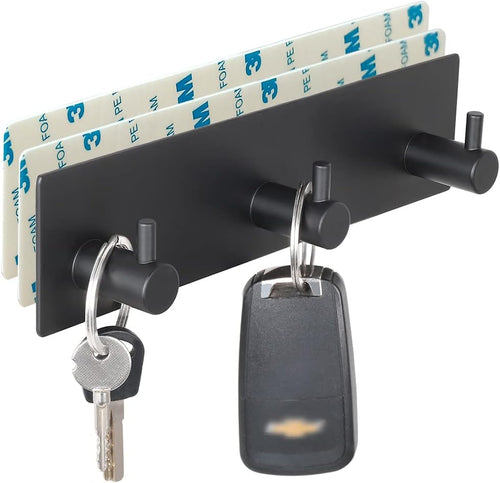 Wall Key Holder, 3 Hooks with Self-Adhesive Tape, No Damage, Black