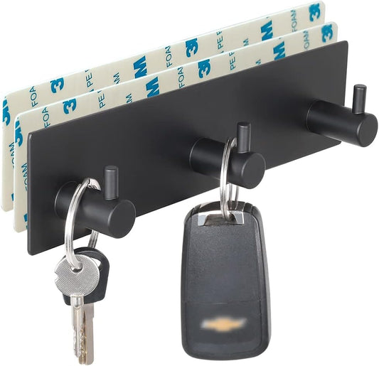 Wall Key Holder, 3 Hooks with Self-Adhesive Tape, No Damage, Black