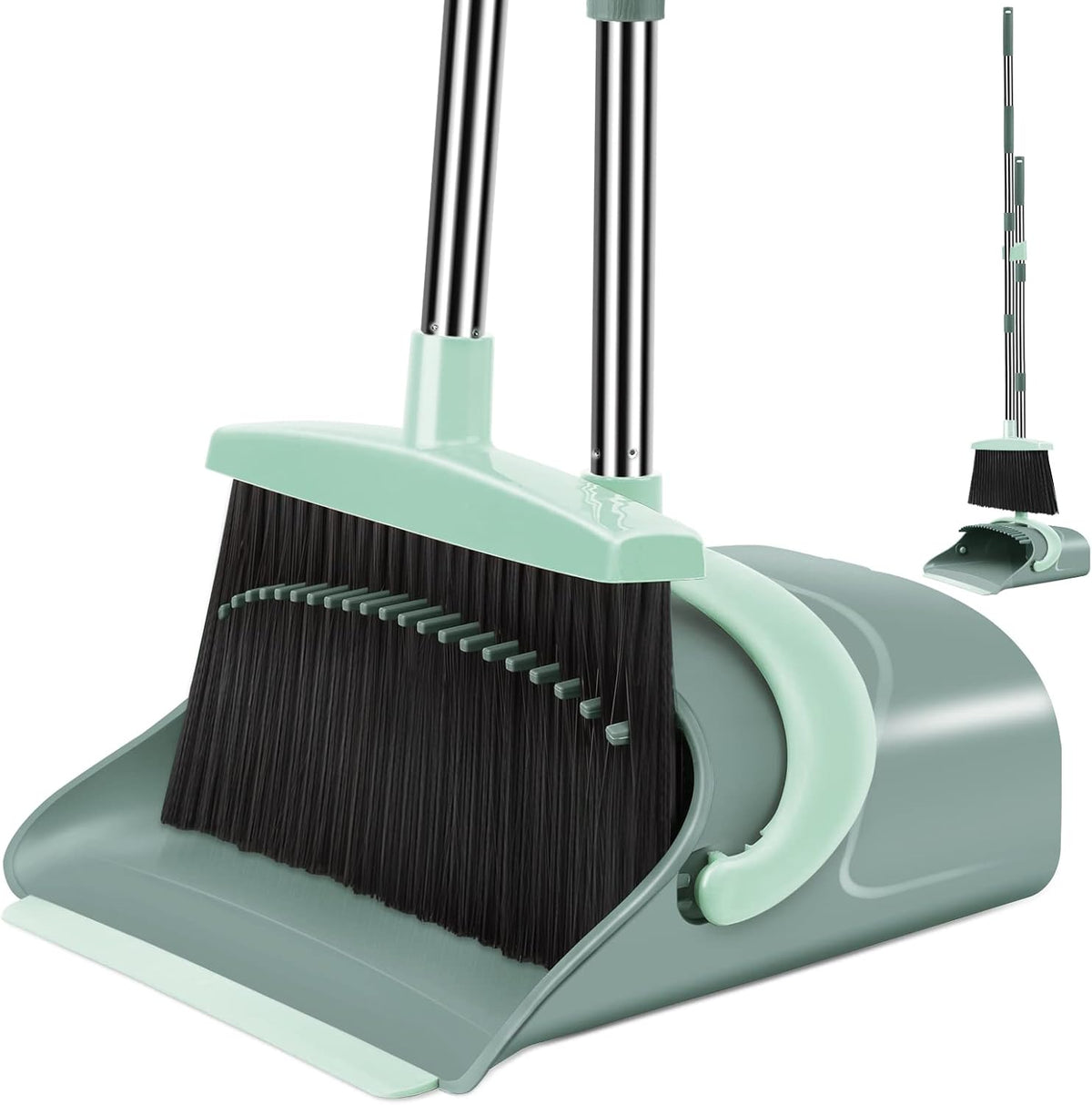 Broom and Dustpan Set with Long Handle, Upright Stand, Gray & Red