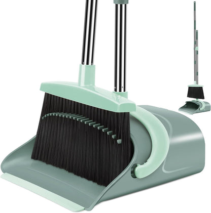 Broom and Dustpan Set with Long Handle, Upright Stand, Gray & Red