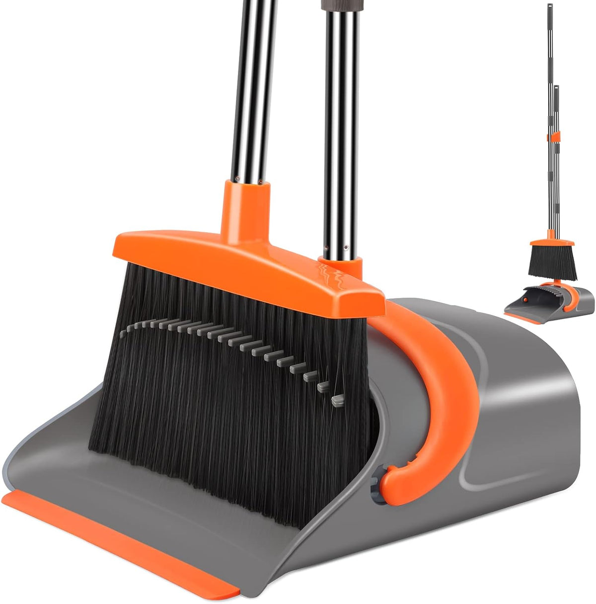 Broom and Dustpan Set with Long Handle, Upright Stand, Gray & Red