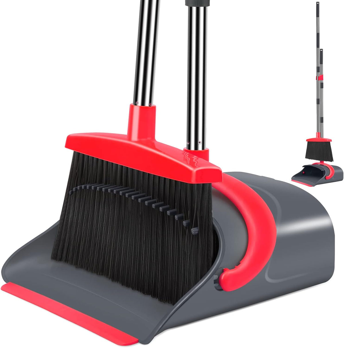 Broom and Dustpan Set with Long Handle, Upright Stand, Gray & Red