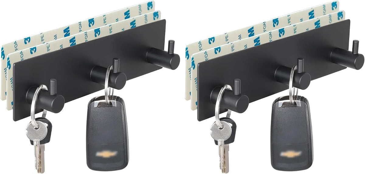 Wall Key Holder, 3 Hooks with Self-Adhesive Tape, No Damage, Black