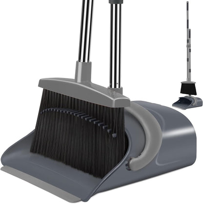 Broom and Dustpan Set with Long Handle, Upright Stand, Gray & Red